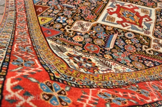 Very fine Qasgai rug with choice colours, unusual border and squareish proportions. a few very small well done repairs, slightly thinning in middle but mainly in good pile with its original ends  ...