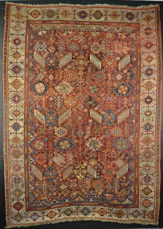 A good antique Shekarlu rug on scarce red ground. A very pretty one with good dyes and some touches of silk in the pile. Alas, evenly worn with slight losses and old  ...
