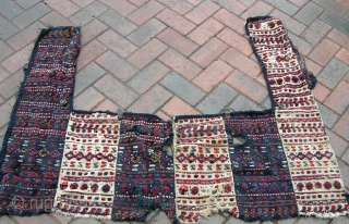 An old Horse cover, partially fragmented, some holes, a small amount of color bleed. qasgai or Luri. Circa 1900. a geuine tribal item, very cheap.        