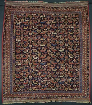A very fine, antique Afshar rug with beautifully drawn and colourful birds. Even low pile, some corrosion to browns, side cords original but over bound, original brocaded Kilim ends. 151 x 135cm.  ...