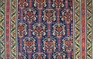 An antique Afshar rug with good dyes and lovely sumac ends. Even low pile, some corrosian to browns. Sides overbound. Liberal use of yellow. 19th century. 173x122      