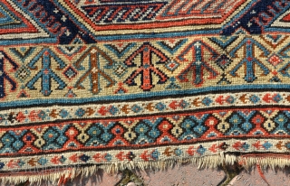 Unusual Kuba rug, good quality with shiny wool and organic dyes. Slight loss to bottom (stopped) otherwise in good original condition. Clean and floor ready.19th century.       