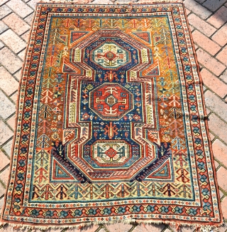 Unusual Kuba rug, good quality with shiny wool and organic dyes. Slight loss to bottom (stopped) otherwise in good original condition. Clean and floor ready.19th century.       