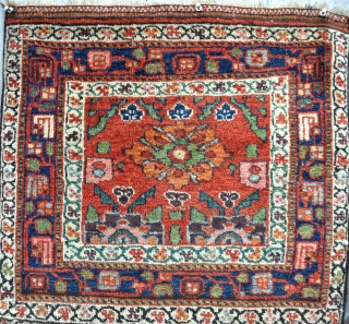 A Pair of antique Kurdish bag faces with great depth of colour and shiny wool. One bag has little lions on it. Slight losses to sides, decent pile. The two faces joined  ...