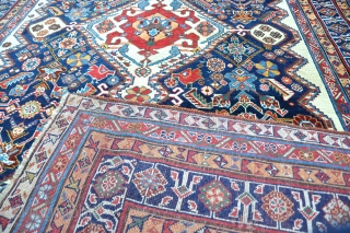 A very good antique Qasgai carpet. Great wool and colour, bigger than usual and beautifully drawn. Mainly in full pile, small amount of top flight repiling to frayed end, otherwise original condition.  ...