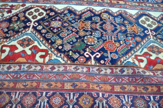 A very good antique Qasgai carpet. Great wool and colour, bigger than usual and beautifully drawn. Mainly in full pile, small amount of top flight repiling to frayed end, otherwise original condition.  ...