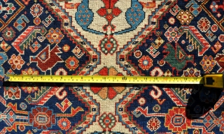 A very good antique Qasgai carpet. Great wool and colour, bigger than usual and beautifully drawn. Mainly in full pile, small amount of top flight repiling to frayed end, otherwise original condition.  ...