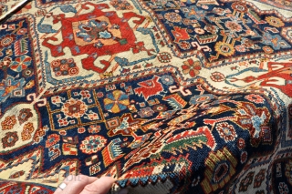 A very good antique Qasgai carpet. Great wool and colour, bigger than usual and beautifully drawn. Mainly in full pile, small amount of top flight repiling to frayed end, otherwise original condition.  ...