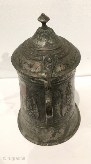 Early Ottoman tankard, with lid. Hammered, tinned, copper. 9" H. 17th/18th C.                     