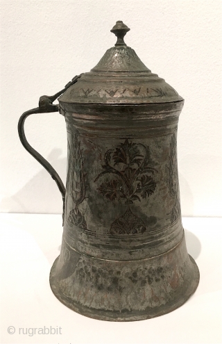 Early Ottoman tankard, with lid. Hammered, tinned, copper. 9" H. 17th/18th C.                     