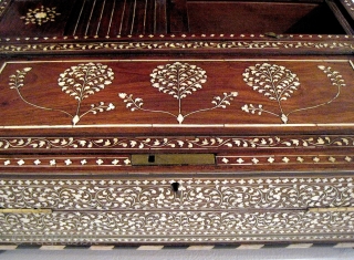 Anglo-Indian portable writing desk, c. 1825. In exceptional condition, with exquisite workmanship.  18"L x 12"D x 8"H.  Rosewood inlaid with ivory and ebony, brass fittings. Original key included.   