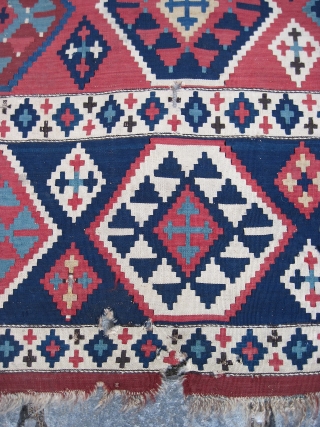 Outstanding Caucasian kilim, 3.2 x 11.1. FIne, old weave, fantastic colors, unusual format, a few small holes and losses at the sides, and some kind of black mark (marker?).  For hanging  ...