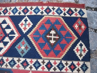 Outstanding Caucasian kilim, 3.2 x 11.1. FIne, old weave, fantastic colors, unusual format, a few small holes and losses at the sides, and some kind of black mark (marker?).  For hanging  ...