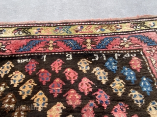 Kazak 190x128cm
Dated 1931
with a small, bad restored part (10x5cm)
Unusual, meaty, with 3D like boteh, crazy colors, crazy rug.               