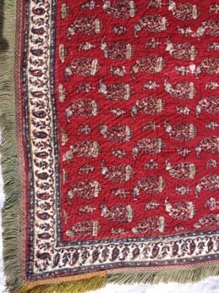 Kalamkari  Iran mid-20th cent. Mordant block printed cotton, quilted and fringed.  37"x 53.5" excellent condition                