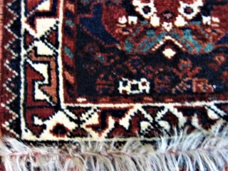 1900 Quashgai Bag 24 1/2 x 27 1/2" a small 
	moth nip, missing small amount at top 
 	and bottom. Exc. Pile beautiful wool w/firm
 	feel, you won't find many pieces anywhere
	with  ...