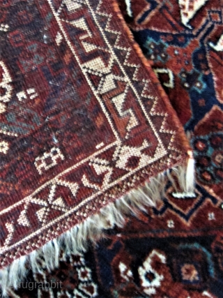 1900 Quashgai Bag 24 1/2 x 27 1/2" a small 
	moth nip, missing small amount at top 
 	and bottom. Exc. Pile beautiful wool w/firm
 	feel, you won't find many pieces anywhere
	with  ...