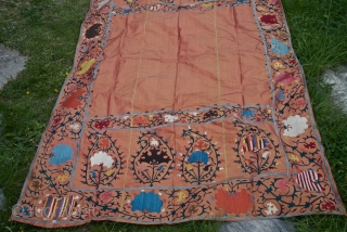 Silk Suzani on silk. 133 X 228 cm. Fresh and vivid colors, late XIX century, good condition.                