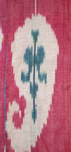 19th century Uzbek Adras Silk wrap/ cotton weft Ikat Chapan ( Coat). Excellent natural colours and bodom gul (almond) design. Beautiful linen, spectacular cross stitches on neck part edges. Reasonable price.   ...