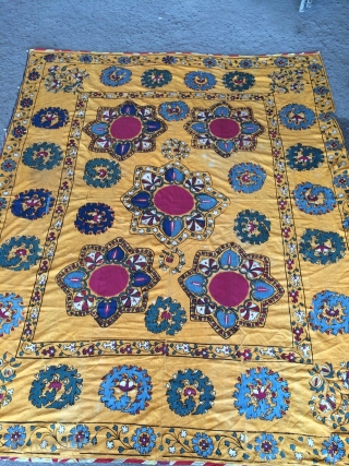 Late 19th cent Uzbek Suzani. Beautiful natural colours and spectacular stitches. Good condition, the size is: 220cm by 170cm.              
