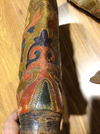 19th cent Uzbek leather boots. Beautiful colours, rare piece.                        