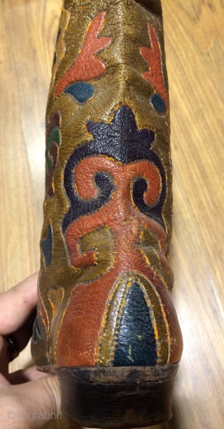 19th cent Uzbek leather boots. Beautiful colours, rare piece.                        