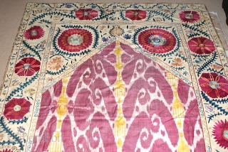 19th cent Uzbek Bucharan region Suzani. Excellent veg dyes colours and superb chain stitches. It has nice adras ikat middle of the suzani. Good condition. It is quite large size.
   