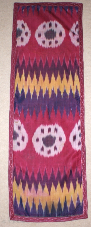 Beautiful 19th cent Uzbek ikat fragment, it is silk on silk. (silk wrap/silk weft). Excellent pattern(design). Superb, veg dyes colours. Good condition.           