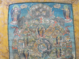 VERY OLD RARE TIBET THANGKA PAINTING: Tibetan Wheel of Life (Bhavacakra).
Tibetan oil painting on canvas of the Wheel of Life commonly seen throughout Tibet and the Himalayas.It illustrates in detail the essence  ...
