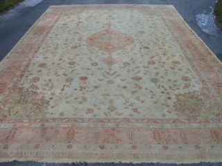 Turkish Oushak, 11-2 x 14-4 (3.40 x 4.37), circa 1910, good condition, original ends and edges, good pile, slight wear, few old repairs, ends old overcasting, needs dusting and wash.   