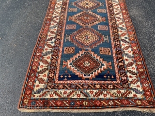 Caucasian Kazak, circa 1900, 4-4 x 8-8 (112 x 190), good condition, rug was washed, wear, few creases, one end original braiding finish, moth bites, browns oxidized, plus shipping.    