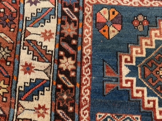 Caucasian Kazak, circa 1900, 4-4 x 8-8 (112 x 190), good condition, rug was washed, wear, few creases, one end original braiding finish, moth bites, browns oxidized, plus shipping.    