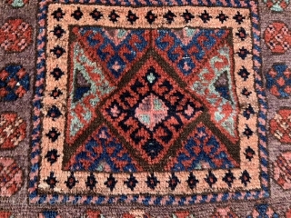 Persian Jaf Kurd bag face, late 19th century, 1-10 x 1-11 (56 x 58), rug was hand washed, good condition, good pile, nice purple border, browns oxidized, plus shipping.    