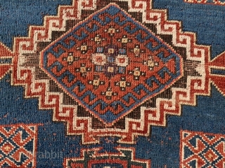 Caucasian Kazak, circa 1900, 4-4 x 8-8 (112 x 190), good condition, rug was washed, wear, few creases, one end original braiding finish, moth bites, browns oxidized, plus shipping.    