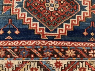 Caucasian Kazak, circa 1900, 4-4 x 8-8 (112 x 190), good condition, rug was washed, wear, few creases, one end original braiding finish, moth bites, browns oxidized, plus shipping.    