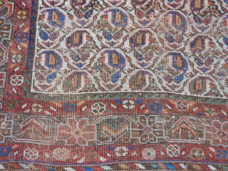 Persian Afshar, 4 x 5-9 (1.22 x 1.75), late 19th century, Botehs, worn, browns oxidized, small hole, I washed this piece, beautiful colors, plus shipping.        