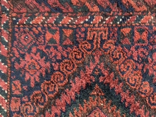 Persian Baluch Mushwani bag face, late 19th century, 1-11 x 2-2 (58 x 66), rug was hand washed, minor end loss, fantastic dark green, 2 small moth damage, good pile, plus shipping. 