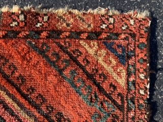 Ersari Turkoman Torba, early 20th century, 1-6 x 3-6 (46 x 107), rug was hand washed, 4 small holes, wear, end loss, good handle, blacks oxidized, nice dark green, plus shipping.  