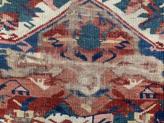 Caucasian Seichur Kuba, late 19th century, 3-6 x 5 (107 x 152), rug was hand washed, worn, holes, end loss, ID painted on back, plus shipping.       