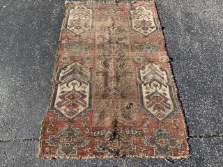 Persian Koliyai fragment, late 19th century, 3-5 x 5-6 (104 x 168), rug was hand washed, worn, holes, small faded white stain (pic), 
Fragment of large carpet, plus shipping.    