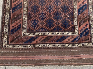 Persian Baluch, late 19th century, 3-2 x 6-8 (97 x 203), rug was hand washed, browns oxidized, floppy handle, 5 small holes, even wear, original edges, original kilim ends 3” and 5”,  ...