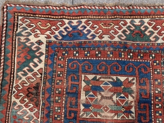 Caucasian Kazak Karatchoph/Bordjalou, late 19th century, 4-8 x 7-2 (142 x 218), rug was hand washed, browns oxidized, worn, original side bindings, one end original braiding, original ends, nice colors, super green,  ...