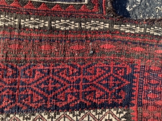 Persian Baluch Salt (Namakdan) bag, late 19th century, 1-3 x 1-11 (38 x 58), rug was washed, soumac front, kilim back, pile bottom skirt, nice handle, excellent work, slight dye run in  ...