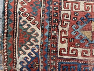 Caucasian Kazak Karatchoph/Bordjalou, late 19th century, 4-8 x 7-2 (142 x 218), rug was hand washed, browns oxidized, worn, original side bindings, one end original braiding, original ends, nice colors, super green,  ...