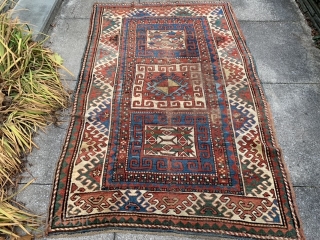 Caucasian Kazak Karatchoph/Bordjalou, late 19th century, 4-8 x 7-2 (142 x 218), rug was hand washed, browns oxidized, worn, original side bindings, one end original braiding, original ends, nice colors, super green,  ...