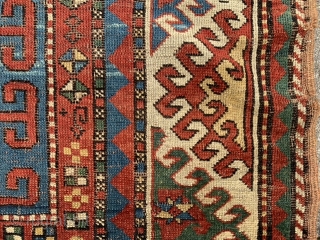 Caucasian Kazak Karatchoph/Bordjalou, late 19th century, 4-8 x 7-2 (142 x 218), rug was hand washed, browns oxidized, worn, original side bindings, one end original braiding, original ends, nice colors, super green,  ...