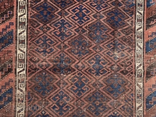 Persian Baluch, late 19th century, 3-2 x 6-8 (97 x 203), rug was hand washed, browns oxidized, floppy handle, 5 small holes, even wear, original edges, original kilim ends 3” and 5”,  ...