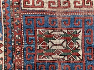 Caucasian Kazak Karatchoph/Bordjalou, late 19th century, 4-8 x 7-2 (142 x 218), rug was hand washed, browns oxidized, worn, original side bindings, one end original braiding, original ends, nice colors, super green,  ...