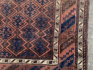 Persian Baluch, late 19th century, 3-2 x 6-8 (97 x 203), rug was hand washed, browns oxidized, floppy handle, 5 small holes, even wear, original edges, original kilim ends 3” and 5”,  ...
