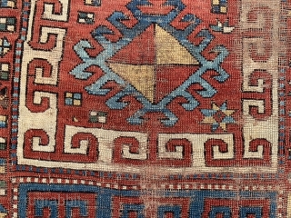 Caucasian Kazak Karatchoph/Bordjalou, late 19th century, 4-8 x 7-2 (142 x 218), rug was hand washed, browns oxidized, worn, original side bindings, one end original braiding, original ends, nice colors, super green,  ...